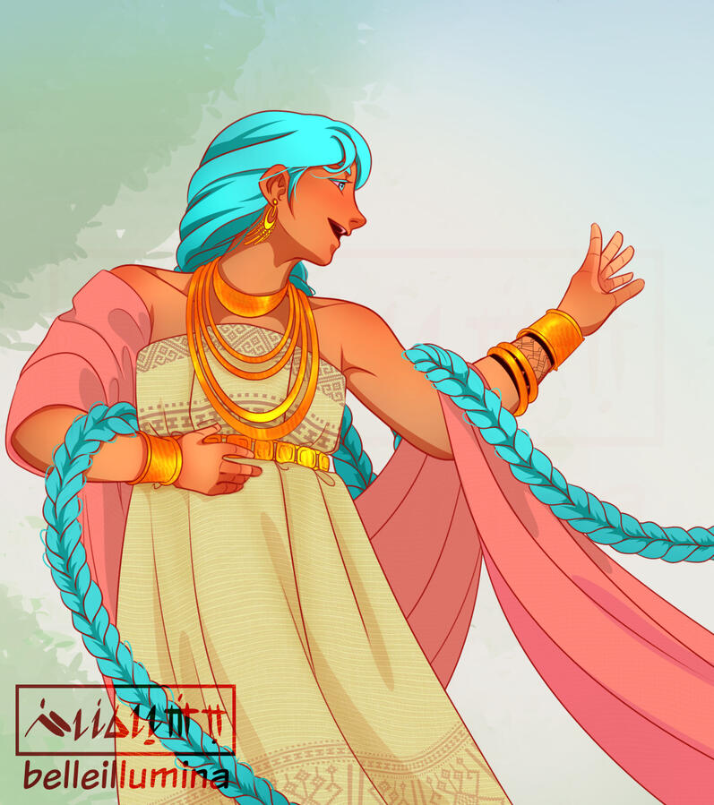 Hatsune Miku wearing precolonial Philippines garb. Her hair is in twin braids. She's wearing a ton of gold accessories, from earrings, multiple necklaces, belt and bracelets, as well as armbands. For clothing, she's wearing a yellow "tapis" with patterns